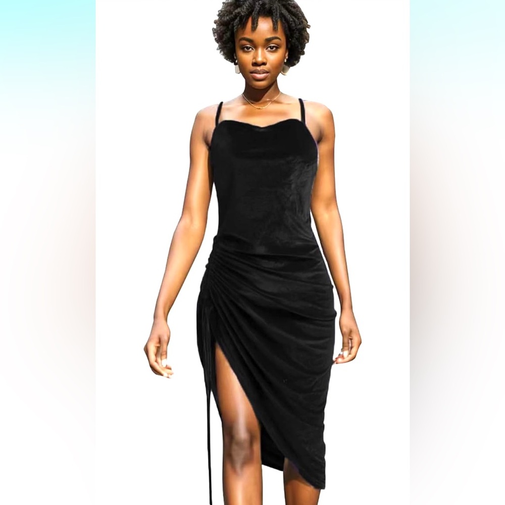 NWOT Spaghetti Strap Satin Dress Sexy Drawstring Ruched Split Hem M/L